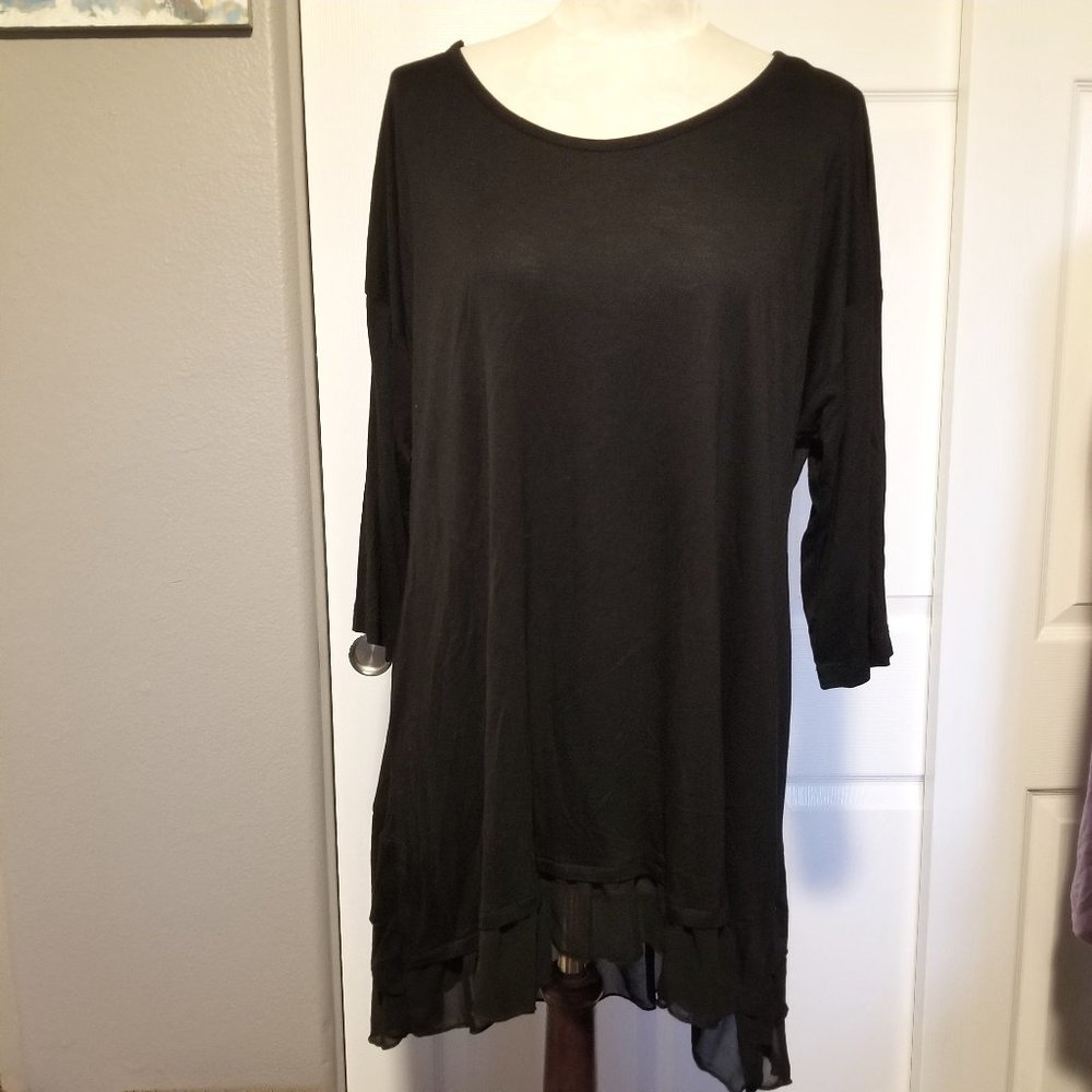 Black Tunic Top with Sheer Ruffles 1X